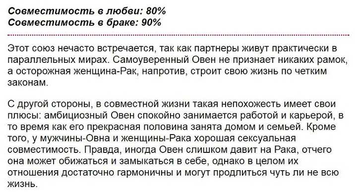 Совместимость знаков овен и рак: мужчина и женщина в любовных отношениях